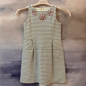 Crewcuts Navy and White Striped Dress with Floral Beaded Gem Accents and Pockets